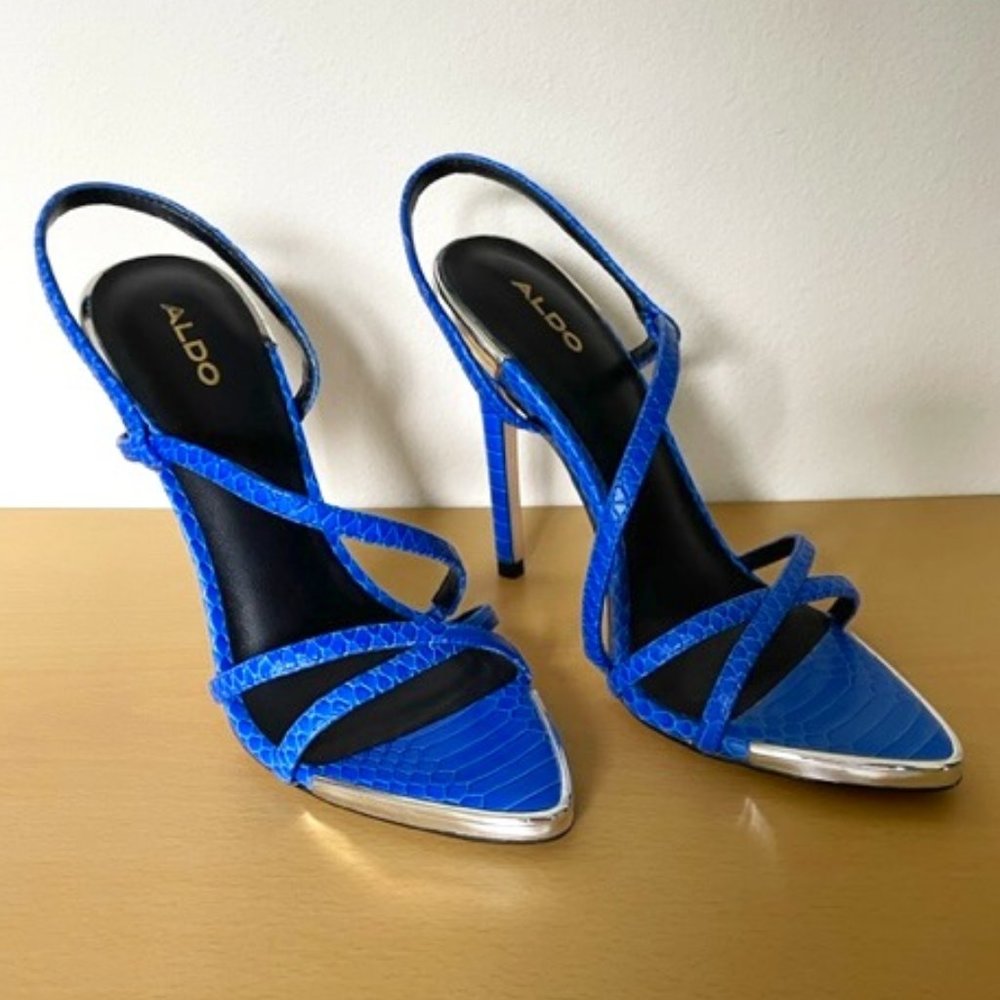 Aldo 'Riaweena' Womens Strappy Sandals - Stiletto Heel - Blue & Silver - Size 5